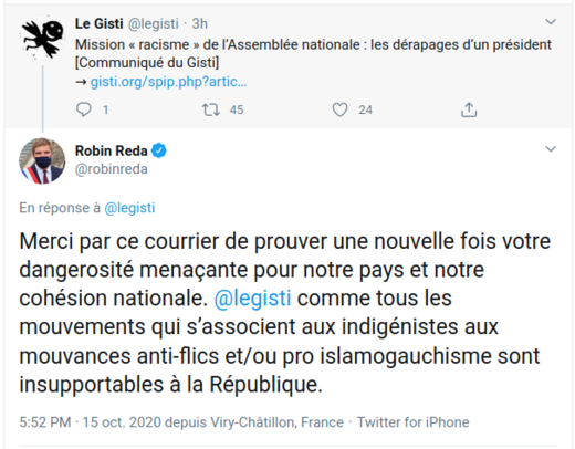 Réponse de Robin Reda via Twitter, 15 oct. 2020 15h52